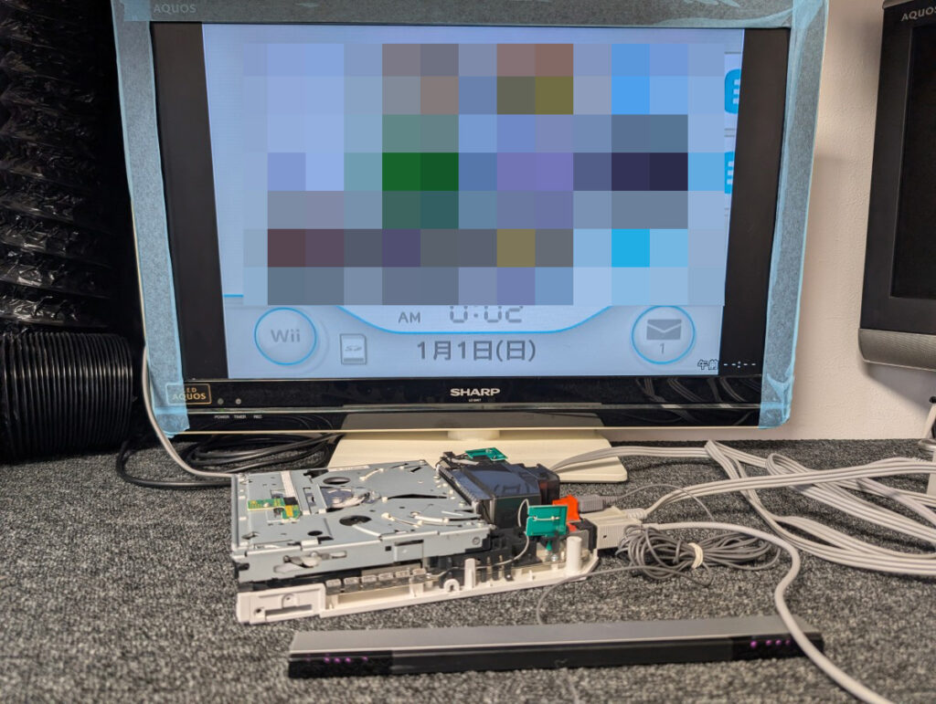 wiiの基板修理後の動作確認時の写真
テレビ画面