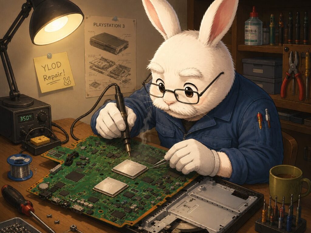 PS3の基板を修理しているウサギ整備士のイラスト
