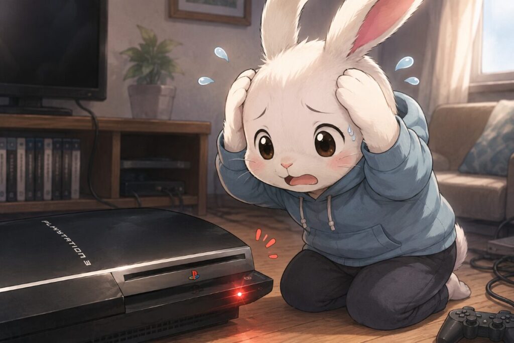 PS3が赤点滅故障を起こして困っているウサギちゃんのイラスト